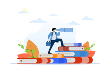 Academic award. Achieve educational or strengthen educational goals. Setting goals in learning. young man or student in a pile of books for success. flat vector illustration on a white background.