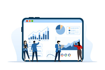 Obraz na płótnie Canvas business team analysis and monitoring concept on web report dashboard monitor. data analysis research flat vector illustration design for business financial planning concept, flat vector illustration.