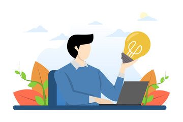 male designer got a brilliant idea. the concept of looking for the best ideas in design. vector illustration logic and working on an idea, abstract symbol of a light bulb in the hand of a creative man