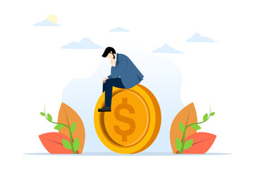Fototapeta na wymiar concept of thinking about money decision, financial planning or investment strategy, profit and loss, expense or tax, wise businessman investor thinking where to invest dollar coin money.