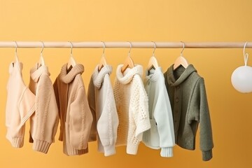 stylish baby clothes hanging on rack against color background. created generative ai.
