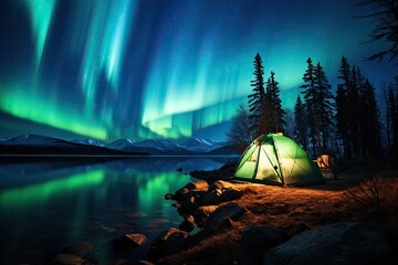 A tent glows under a night sky full of stars and aurora