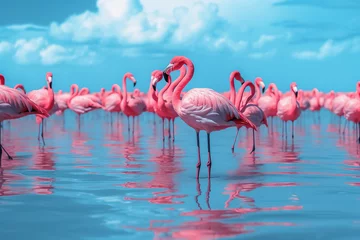 Fotobehang The colony of flamboyance pink flamingo stands in the clear blue water surface under the daytime sky, Generative AI. © jittima