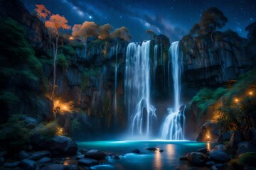 landscape with waterfalls at night
