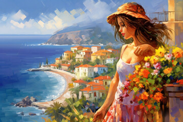 Fototapeta na wymiar Beautiful coastal townscapes and beautiful woman standing