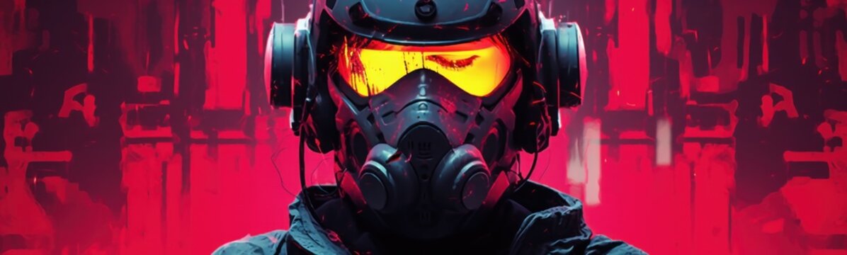 Potrait human wearing cyberpunk robotic mask at neon background