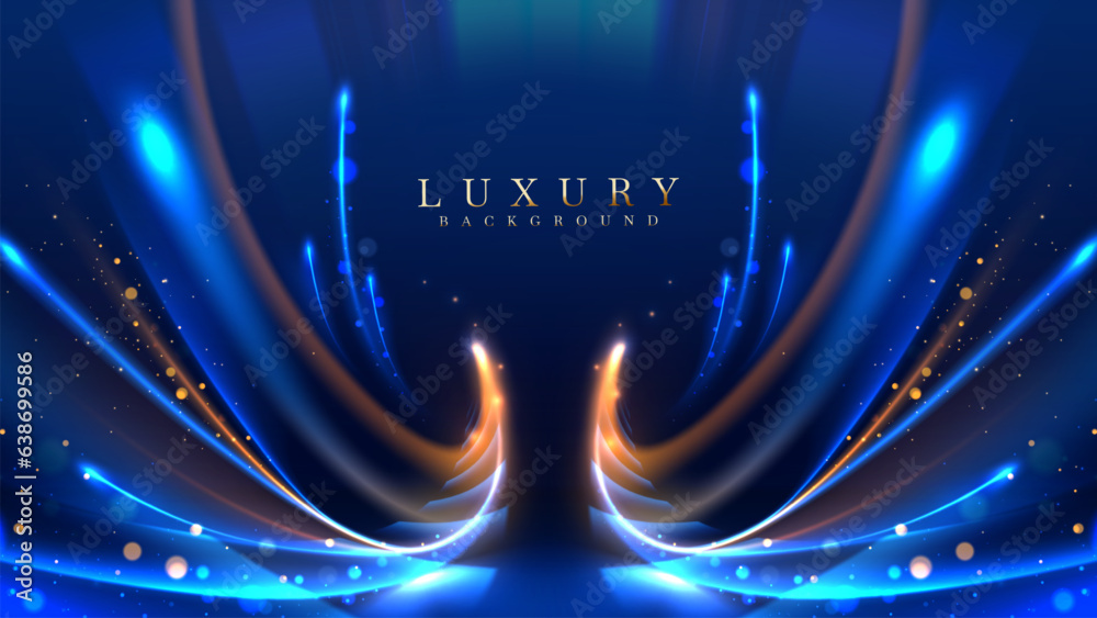 Wall mural blue luxury background with golden line decoration and curve light effect with bokeh elements. moder