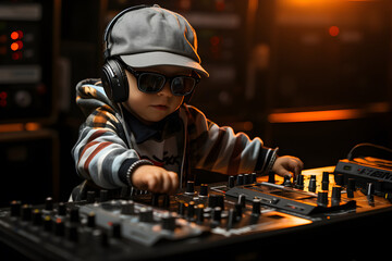 Kid dj in headphones black glasses mixing music on sound mixer scratch dj playing on stage having...