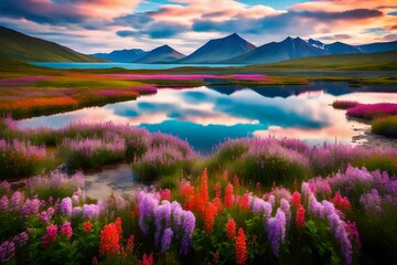 Obraz premium lake and colorful flowers in the mountains