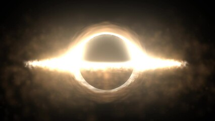 Bright black hole in open space with spinning energy particles, cosmic sphere in yellow color glowing abstract background