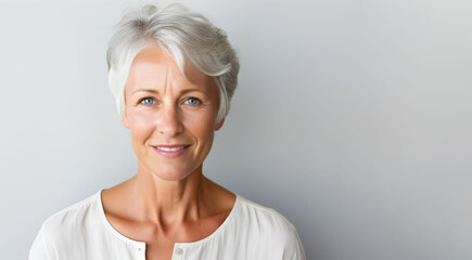 portrait of a gorgeous 50s mid age woman with gray hair smiling , copy space