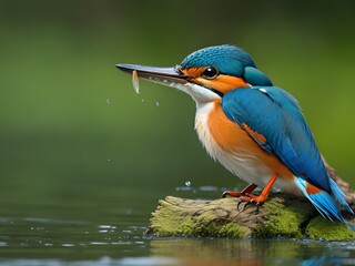 Beautiful common kingfisher seating for catching fish into water . Stunning Common Kingfisher Hunting Fish