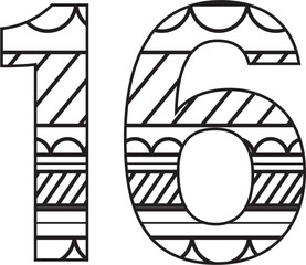 Digital png illustration of black 16 number with pattern on transparent background