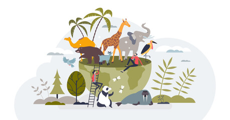 Animals of the world with global biodiversity protection tiny person concept, transparent background. Planet with exotic fauna and environmental wildlife illustration.