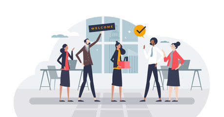 Onboarding and stepping into team as welcome new staff member tiny person concept, transparent background. Greetings and welcome process into company illustration.