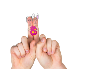 Digital png illustration of fingers with rabbits with easter egg on transparent background