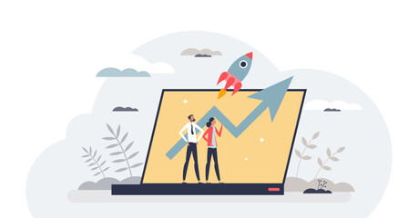 Productivity and effective work with results development tiny person concept, transparent background.Successful profit raising and business boost with earnings illustration.