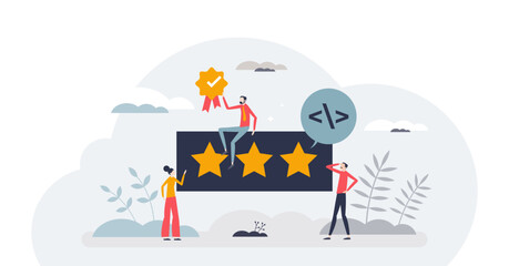 Fototapeta na wymiar User ratings and product reviews as satisfaction feedback tiny person concept, transparent background. Rate quality and give stars for performance illustration.