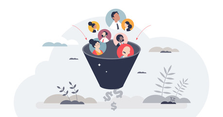 Sales funnel as leads conversion to purchase profit tiny person concept, transparent background. Client and customer management process with awareness, engagement, evaluation.