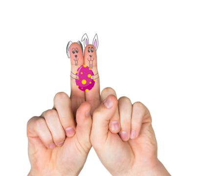 Digital png illustration of fingers with rabbits with easter egg on transparent background - Powered by Adobe
