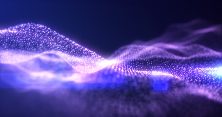 Abstract purple energy waves from particles of futuristic high-tech glowing background
