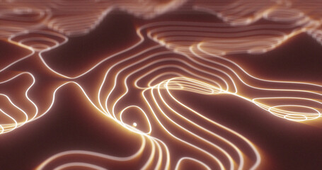Abstract orange futuristic hi-tech landscape with mountains and canyons from glowing energy circles and magic lines background