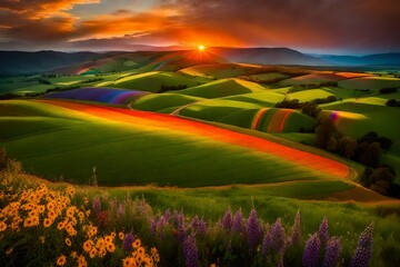 sunset over the colorful meadow