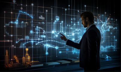 A businessman is playing with a graph of data. neon technology concept