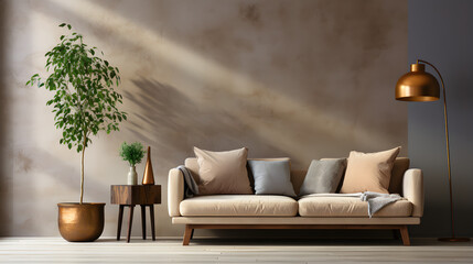 Minimalist home interior design of modern living room. Beige velvet sofa and floor lamp against wall with copy space