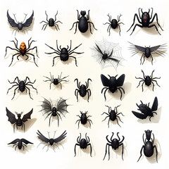 Spiders, Bats and Black Cats, Halloween, No Shadows, High Resolution on a white background