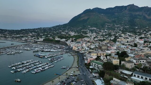 Isola di Ischia, Golfo di Napoli, Italia, Mediterraneo. 
Vista aerea del borgo marinaro di Forio.