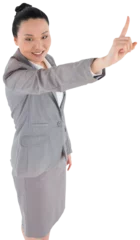Photo sur Plexiglas Lieux asiatiques Digital png photo of happy asian businesswoman touching virtual screen on transparent background