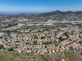 Aerial view of small city Poway in suburb of San Diego County, California, United States. Houses...