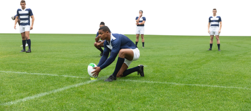 Digital png photo of diverse male rugby players on transparent background