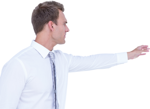 Digital png photo of caucasian businessman touching virtual screen on transparent background