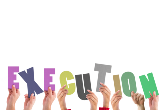 Digital png illustration of hands with execution text on transparent background - Powered by Adobe