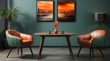 Orange leather chairs at round dining table against green wall. Scandinavian, mid-century home interior design of modern living room 