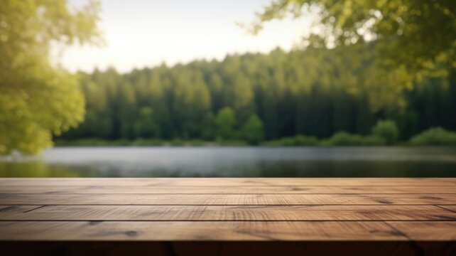 Empty wooden table with blurred nature background