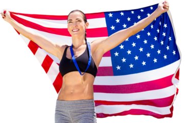 Digital png photo of caucasian female athlete with flag of united states on transparent background