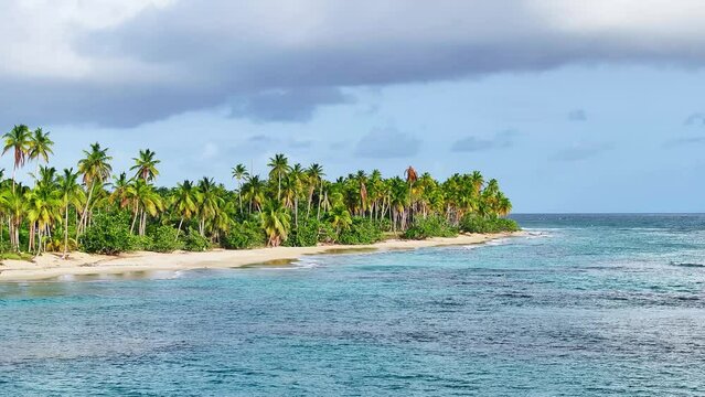 The most beautiful beaches of the world with tropical nature. Sunny sandy island and palm trees. Azure sea and golden sandy beach. Sunny day landscape. Turquoise sea and landscape of palm trees.