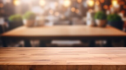 Obraz na płótnie Canvas Empty wooden table with cafe kitchen background