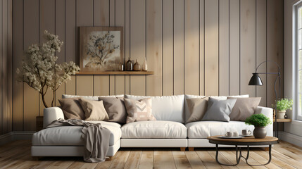 Obraz na płótnie Canvas Beige corner sofa against of wooden paneling wall. Minimalist interior design of modern living room