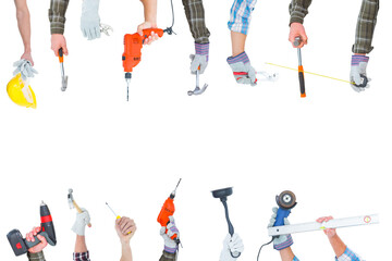 Digital png illustration of hands with working tools on transparent background