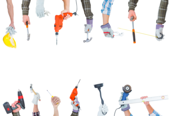 Digital png illustration of hands with working tools on transparent background