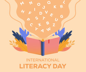 literacy day illustration design concept with leaves and alphabet go out from book