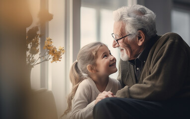 Loving caring grandfather spending time with cute little smiling granddaughter