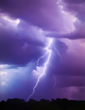 Photo of a stunning purple sky with a powerful lightning bolt striking through it