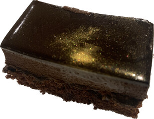 chocolate cake on isolated white background, golden flake on top, luxury dessert sweet