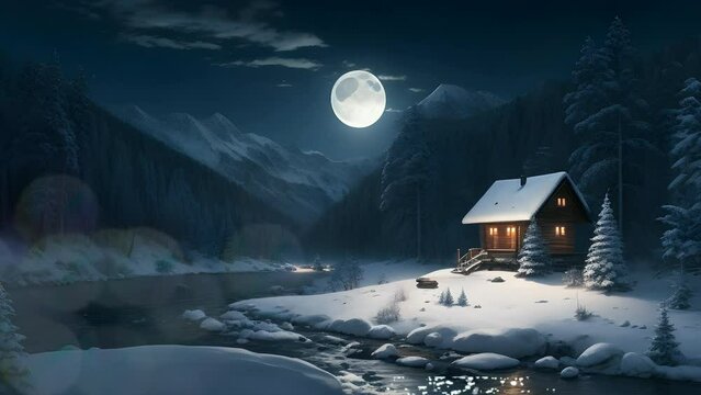 Moonlit Solitude in the Snowy Wilderness. Seamless looping 4K time-lapse virtual video animation background, high Resolution, Generative AI