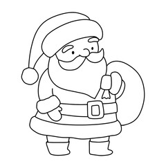 Cute Santa Claus holding bag with presents. Vector outline Christmas illustration for childish coloring book